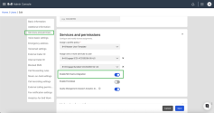 Admin Console > Users > Services and permissions page showing a toggle switched on for Enable MS Teams integration