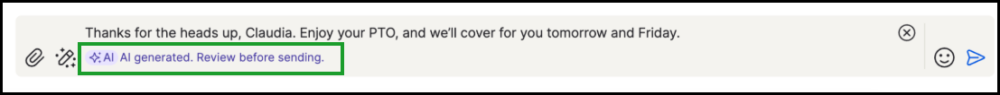 AI-generated reply shown in 8x8 Work message composer with prompt to review before sending