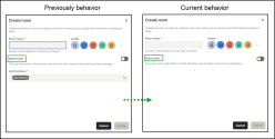 8x8 Work for Dekstop Create room dialog showing the default private room setting with options to switch between private and public visibility