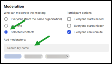 Meeting Settings: Moderation settings showing options for who can moderate the meeting: Members of my organization, Only me and Selected contacts