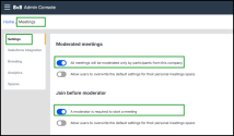 8x8 Admin Console Meetings Settings page showing moderation controls, including options to restrict moderators to company participants and require a moderator to begin meetings