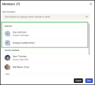 Private room - Members dialog showing a search field and a Selected section displayed already selected memebrs; a Current members section displays existing room members, with Cancel and Save buttons at the bottom