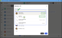 Private room: The dialog for searching members to add to a private room now displays user results, clearly indicating which users are already selected or are currently members (preventing them from being added again).  Cancel and Save buttons appear at the bottom