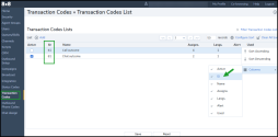Transaction codes Lists - The ID column displays a unique ID for each transaction code list