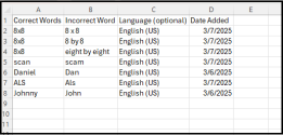 Custom Dictionary -  Save the CSV file on your computer for future use