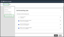 Screenshot of the 8x8 Admin Console showing the Ring Groups > Call forwarding rules section with a list of four forwarding conditions, each with checkboxes and edit icons, including options for forwarding calls when the internet is down, all members are busy, or no one answers