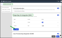 Identity and Security page showing the Single Sign-On Integration (SSO) section with a list of configured providers and the Add SSO button highlighted for adding a new SSO integration