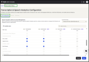 Transcription Policy page showing bulk selection of users with checkboxes to enable features such as Transcriptions, Summarisation, Action Items, and Sentiment Analysis, with Save and Cancel options