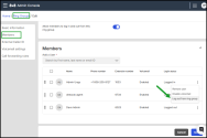  8x8 Admin Console Ring Groups Members page showing the member list with name, phone number, extension, voicemail status, and a highlighted “Login status” column. A three-dot action menu is open for one member, displaying options such as Remove user, Disable voicemail, and Log out from ring group