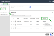  8x8 Admin Console Ring Groups Members page showing the member list with name, phone number, extension, voicemail status, and a highlighted “Login status” column. A three-dot action menu is open for one member, displaying options such as Remove user, Disable voicemail, and Log out from ring group