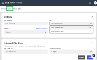 8x8 Admin Console Create's Site screen showing site details with a dropdown menu for selecting a PBX, including options for multiple PBXs