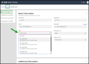  8x8 Admin Console: Create User screen showing the Basic Information section with a dropdown list of available sites, including both standard PBX sites and Contact Center–enabled sites
