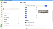 The Audio & Video settings showing call waiting tone option enabled white in a call or meeting
