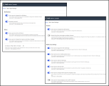 Two-panel screenshot showing Work App Settings From 8x8 Admin Console, including notifications, Do Not Disturb, logout, DID visibility, emergency call settings, and app rating