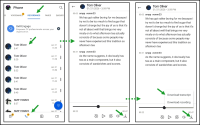 The Recordings tab showing a list of call recordings, a transcript view for a selected call, and options to download the transcript or audio recording