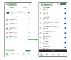 8x8 Work for Mmobile interface showing the Interactions screen for monitoring active and past interactions, along with My queues at the bottom. The next screen displays a list of digital queues with toggles enabled/disabled and a Pause button at the bottom for managing queue activity